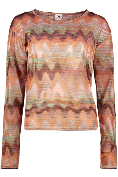 M Missoni Long Sleeve Crew-neck Sweater In Beige