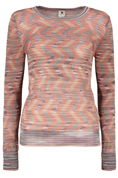 M Missoni Long Sleeve Crew-neck Sweater In Brown