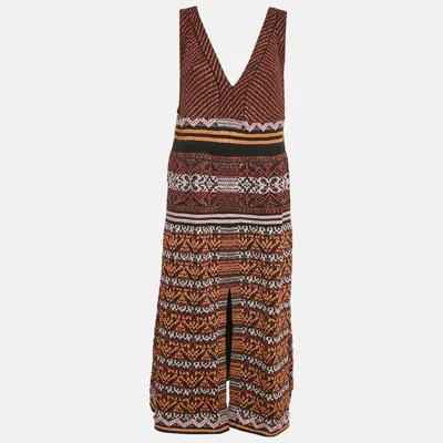 M Missoni Metallic Patterned Lurex Knit V-neck Sleeveless Midi Dress In Brown