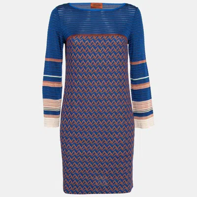 Pre-owned M Missoni Missoni Blue Chevron Pattern Knit Full Sleeve Mini Dress S