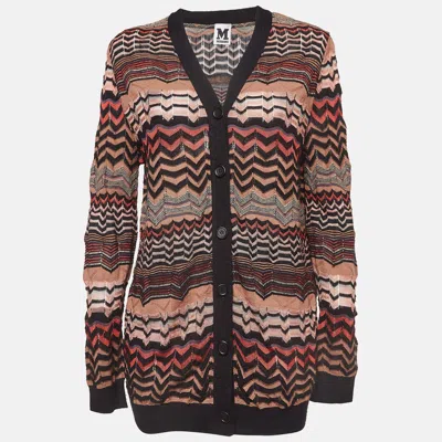 Pre-owned M Missoni Multicolor Chevron Pattern Perforated Knit Long Cardigan L
