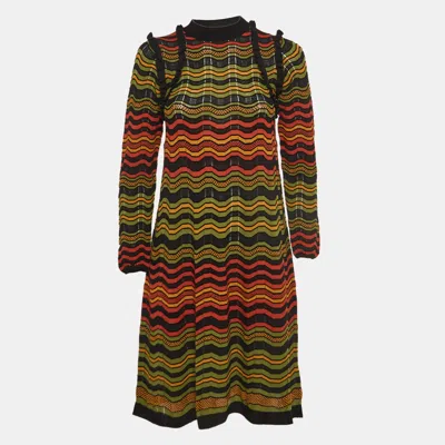 Pre-owned M Missoni Multicolor Chevron Perforated Knit Ruffle Detail Midi Dress S
