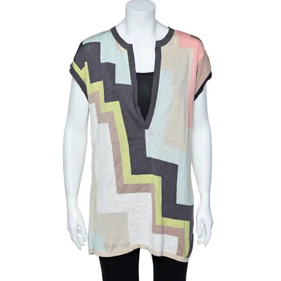 M Missoni Multicolor Geometric Pattern Cotton Knit Plunging Neck Top In Neutral
