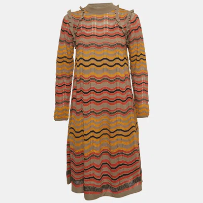 M Missoni Multicolor Wave Perforated Pattern Knit Ruffle Detailed Midi Dress