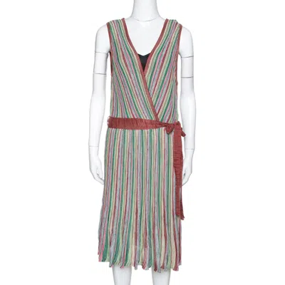 M Missoni Multicolor Striped Rib Knit Sleeveless Belted Dress In White