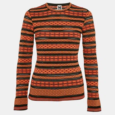 Pre-owned M Missoni Orange/black Patterned Knit Full Sleeve Top L