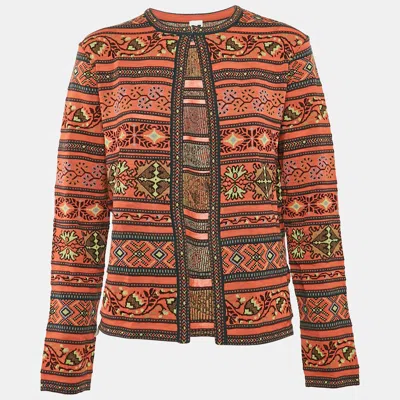 Pre-owned M Missoni Orange/multicolor Patterned Knit Wool Blend Cardigan L