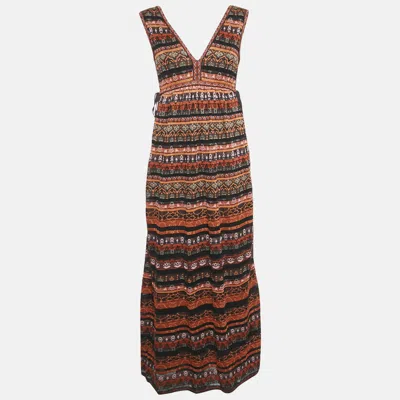 Pre-owned M Missoni Orange/plum Stripe Pattern Lurex Knit Maxi Dress L
