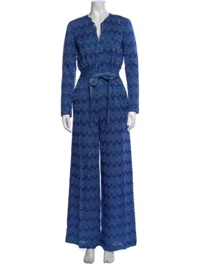 Pre-owned M Missoni Patterned Tie Neck Jumpsuit W/ Tags In Blue