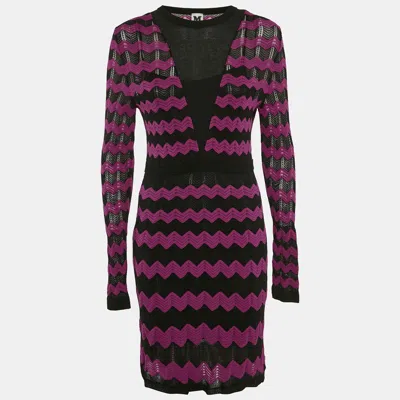 Pre-owned M Missoni Pink/black Chevron Pattern Knit Long Sleeve Dress M
