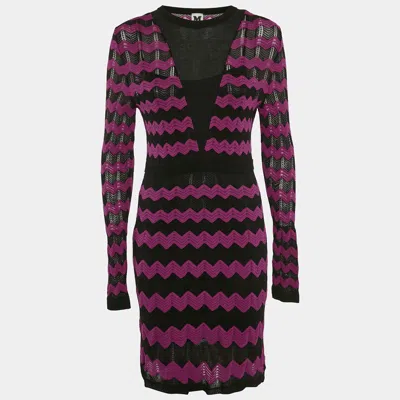 M Missoni Pink/black Chevron Pattern Knit Long Sleeve Dress In Multi