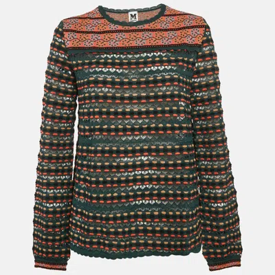 M Missoni Teal Blue Pointelle Knit Long Sleeve Knit Top In Multi