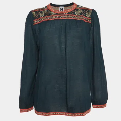 M Missoni Teal Green Floral Pattern Knit Long Sleeve Top In Blue