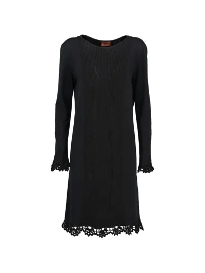 Pre-owned M Missoni Vintage Crochet-trim Ribbed Dress In Black