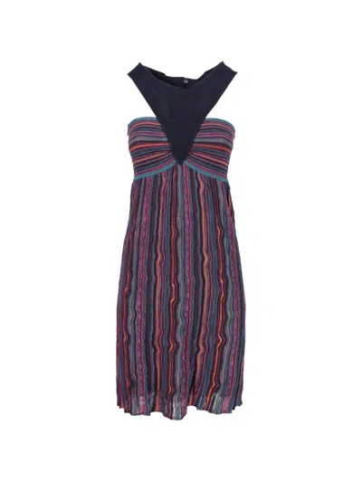 Pre-owned M Missoni Vintage Striped Halterneck Dress In Blue