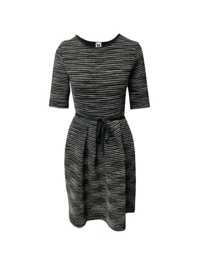 Pre-owned M Missoni Vintage Striped-pattern Quarter-sleeve Dress In Black