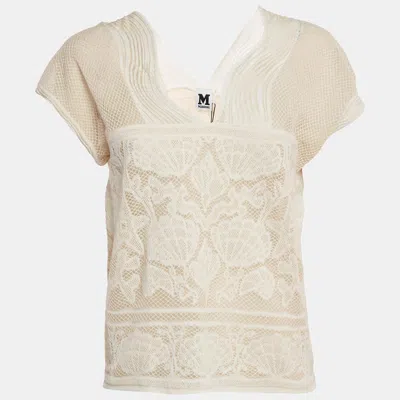 M Missoni White Seashell Pattern Lurex Knit V-neck Top In Neutral