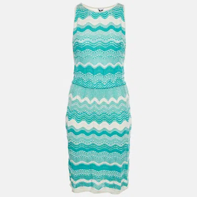 Pre-owned M Missoni White/turquoise Zig Zag Knit Sleeveless Midi Dress M