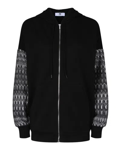 Pre-owned M Missoni Women's  Geometric Dropsleeve Zipup Hoodie In Black Print Black White