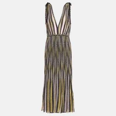 Pre-owned M Missoni Yellow / Black Patterned Lurex Knit Sleeveless Midi Dress L