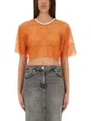 Shop M05ch1n0 Jeans Cropped Mesh Top In Orange