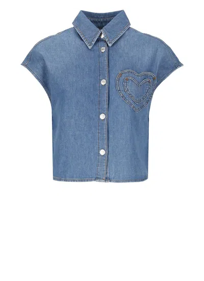 M05ch1n0 Jeans Heart Patch Washed Denim Shirt In Fantasia Blu