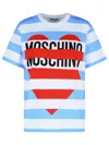 Moschino Striped Crew Neck Graphic Print Top In Blue