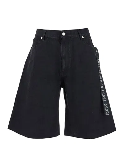 44 LABEL GROUP BLACK BERMUDA PANTS WITH TIE DETAIL ON THE FRONT AND LOGO EMBROIDERY ON THE REAR IN DENIM MAN