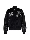 M44 LABEL GROUP BLACK VARSITY JACKET WITH FAUX LEATHER SLEEVES AND LOGO PATCH MAN
