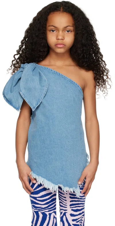 M.a+ Kids Blue One-shoulder Knot Denim Tank Top In Baby Blue
