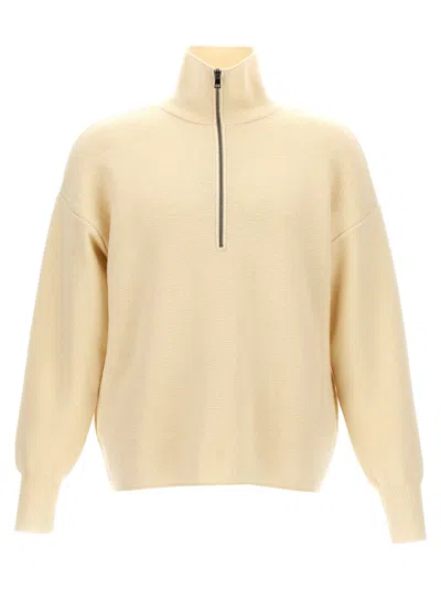 Ma'ry'ya Half Zip Wool Sweater With Cuffed Sleeves And Relaxed Fit In Neutral