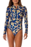 Maaji Cobalt Florea Cardi Long Sleeve Reversible One-piece Swimsuit In Blue
