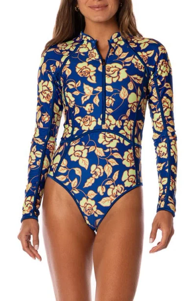 MAAJI MAAJI COBALT FLOREA CARDI LONG SLEEVE REVERSIBLE ONE-PIECE SWIMSUIT