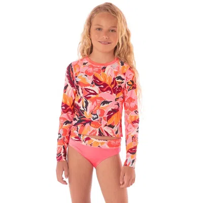 Maaji Kids' Girls  Odyssey Rashguard Set 's Coral Leafy Long Sleeve Swimwear Red227 In Multi
