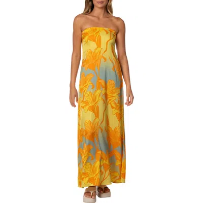 Maaji Golden Lily Crimson Strapless Maxi Cover-up Dress In Yellow