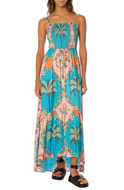 Maaji Isadora Arabian Palm Smocked Cover-up Maxi Dress In Blue