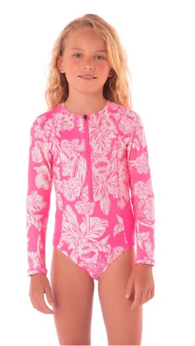 Maaji Kids' Girls  Miku One Piece Pink Blossom Tropical Rashguard Swimsuit Red146