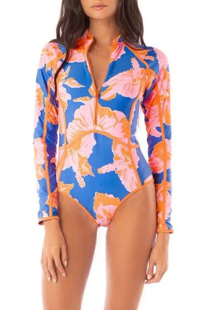 Maaji Magnolia Mirage Cardi Long Sleeve One-piece Swimsuit In Bright Blue