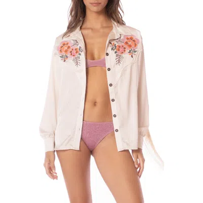 Maaji Mathilde Embroidered Fringe Cover-up Button-up Shirt In White