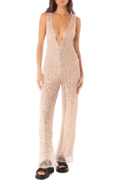 Maaji Sheashell Vivara Sequin Plunge Cover-up Jumpsuit In Beige Overflow