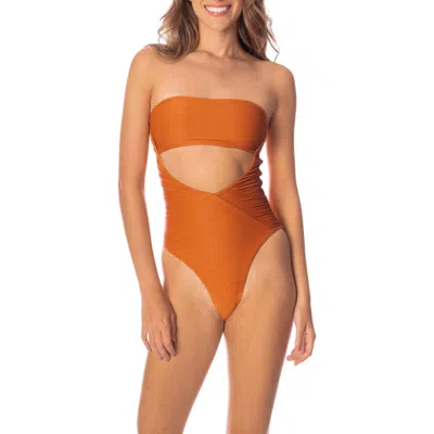Maaji Wavy Chestnut Suki Cutout Reversible One-piece Swimsuit In Orange
