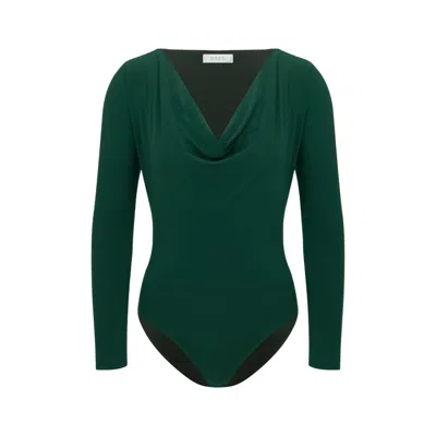 Maan Istanbul Women's Drape Deep Collar Green Bodysuit - Viva