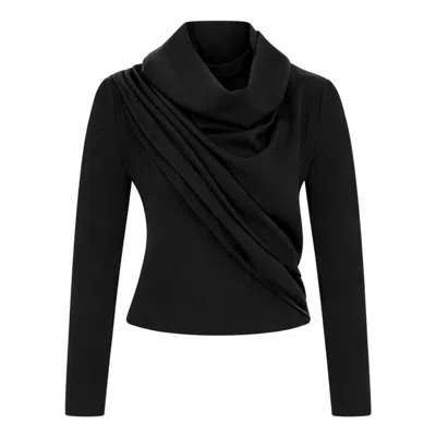Maan Istanbul Women's Draped Cowl Neck Long Sleeve Top Black Blouse - Aria