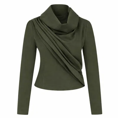 Maan Istanbul Women's Green Draped Cowl Neck Long Sleeve Top Khaki Blouse - Aria