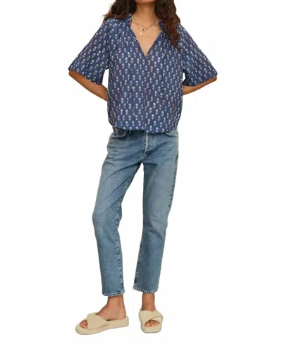 Mabe Ari Print Gathered Top In Indigo In Blue