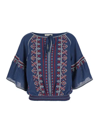 Mabe Blue Top With V Neck On The Front And All-over Embroidered Motif In Fabric Woman