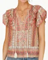 Mabe Cass Print Frill Top In Coral In Pink