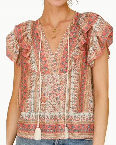 Mabe Cass Print Frill Top In Coral In Pink