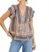 Mabe Cass Print Frill Top In Navy In Multi