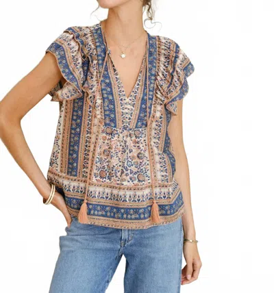 Mabe Cass Print Frill Top In Navy In Multi